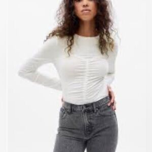 NWT Gap Ruched Front T-Shirt Top, Long Sleeve, White, Sz Medium Tall